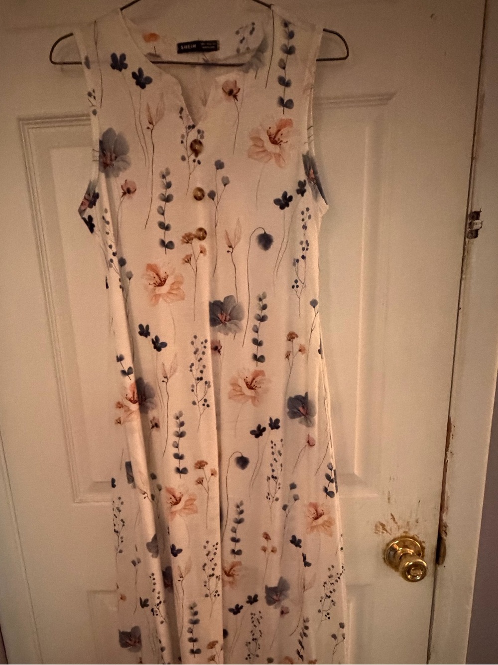 SHEIN Floral Button Front Sleeveless Midi Dress Blue Peach Ivory